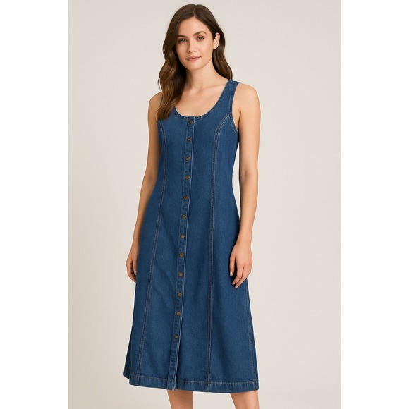Vintage 90s Bryn Connelly Petite Denim Button Front‎ Midi Dress Size 4 country - Picture 1 of 6